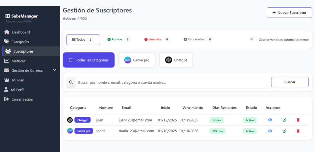 Sistema de Gestión de Suscripciones sistema de gestión de suscripciones